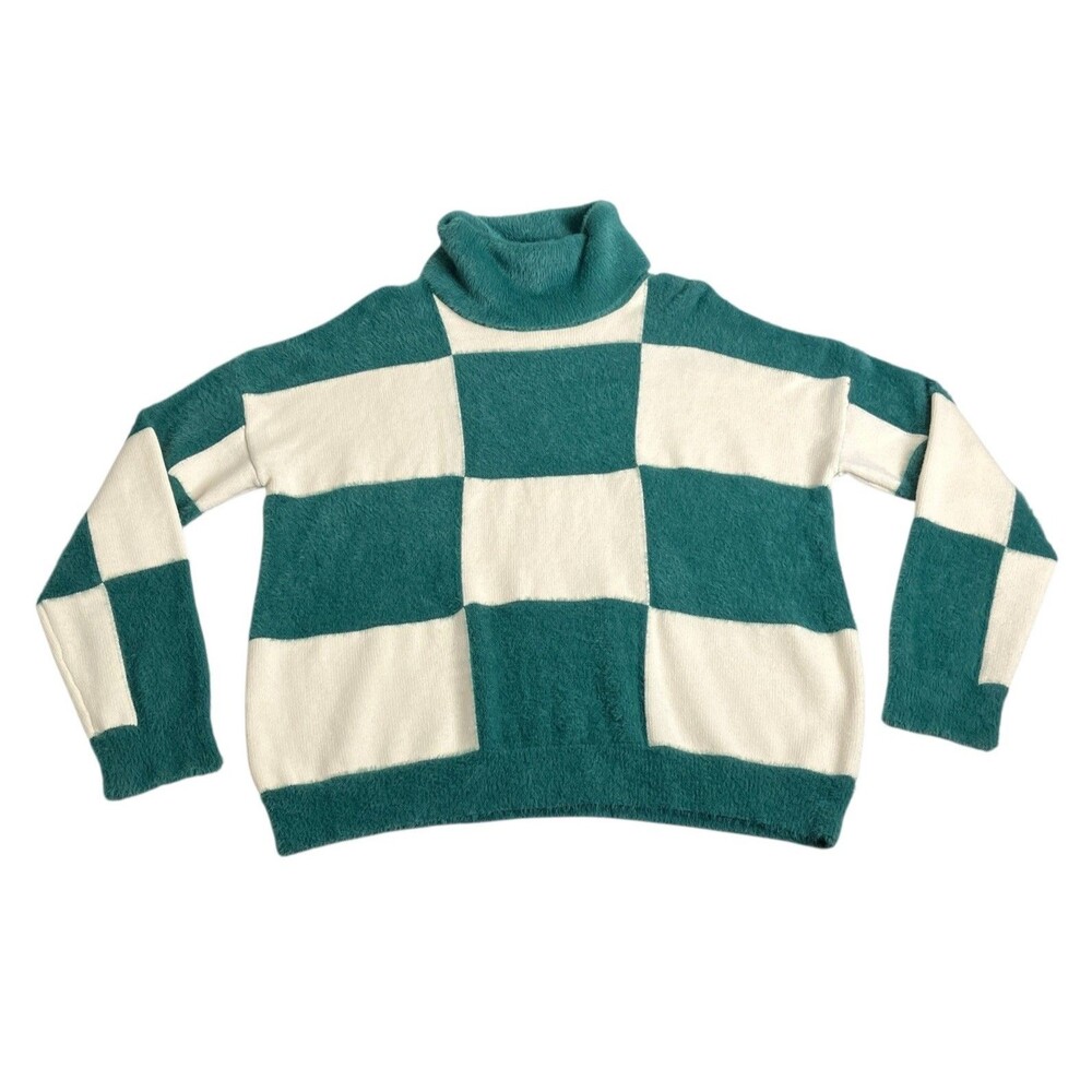 Kut From The Kloth Serena Turtleneck Sweater XL Cream Green Check Plush Cozy‎